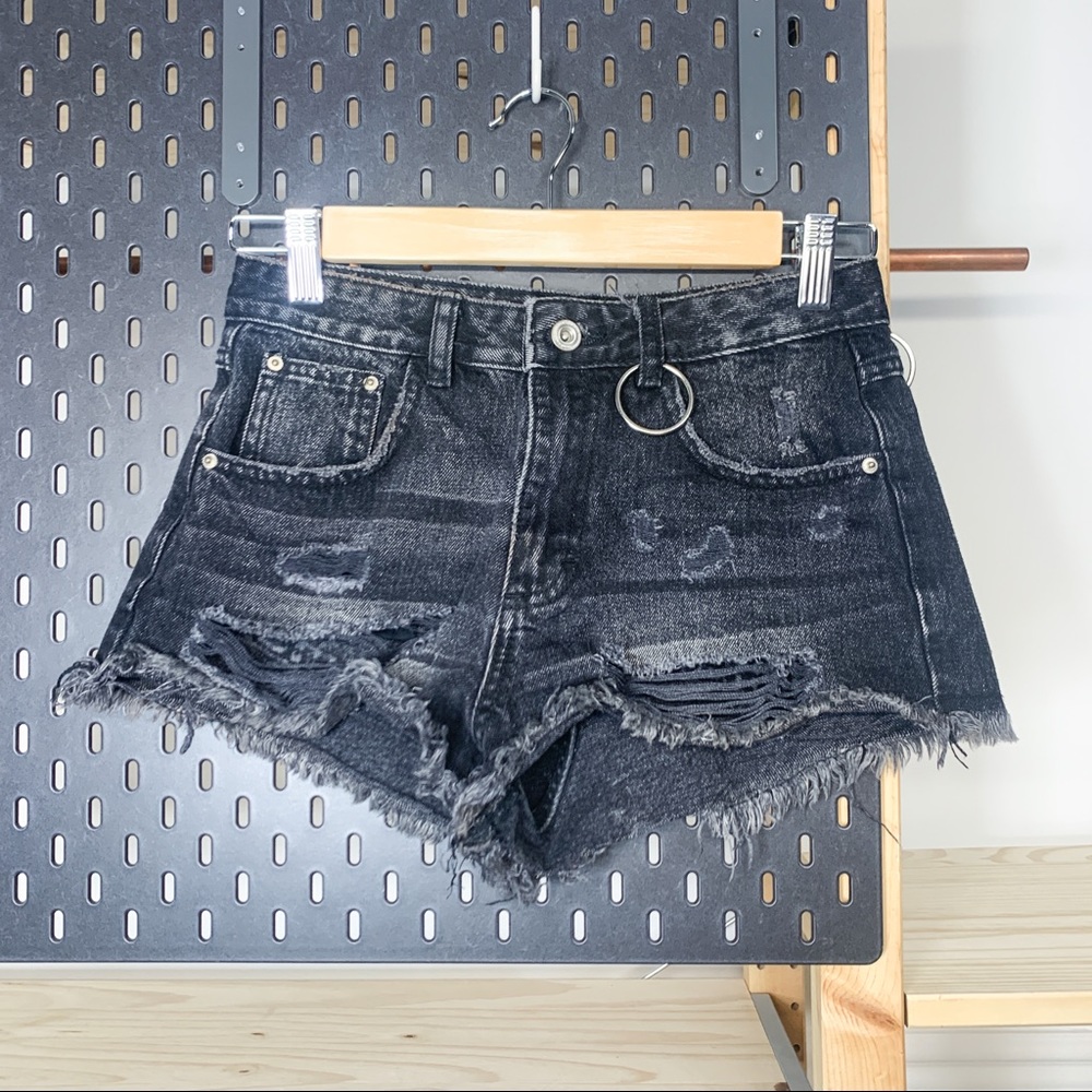 Zara Distressed Black Shorts With Metal O-Rings